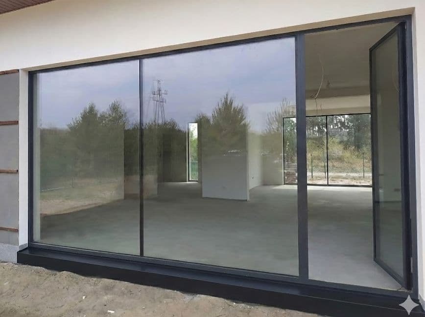 Duże przeszklenia w domu mieszkalnym, okna aluminiowe ciepłe, z cienkimi ramami.